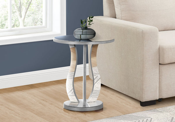 English Elm Accent Glam Mirror End Table with Geometric Rounded Legs, Distressed Silver Finish, Spacious Top B2710P219410