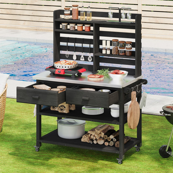 English Elm K&K 64.9" Outdoor Potting Bench with 1.2" Stainless Steel Top, Lockable Wheels, Hutch & Drawers Black N707P228274B