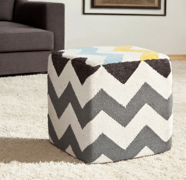 Homeroots Ivory And Charcoal Wool Square Pouf With Zig Zag Pattern  Wool 380601