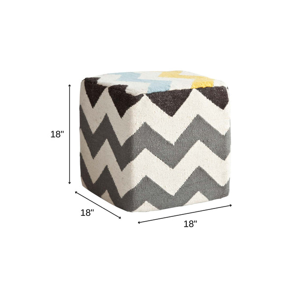 Homeroots Ivory And Charcoal Wool Square Pouf With Zig Zag Pattern  Wool 380601