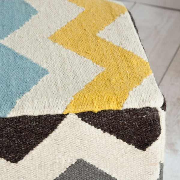 Homeroots Ivory And Charcoal Wool Square Pouf With Zig Zag Pattern  Wool 380601