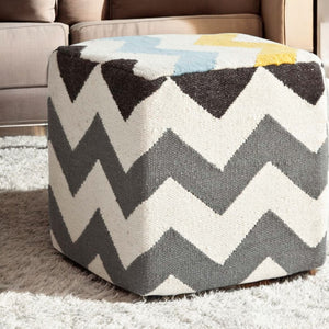 Homeroots Ivory And Charcoal Wool Square Pouf With Zig Zag Pattern  Wool 380601