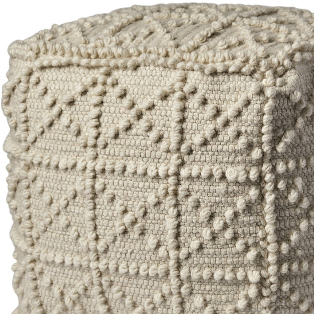 HomeRoots 18" Ivory Wool Knubby Cube Pouf Ottoman – Chic Handwoven Accent for Modern Bohemian Living Spaces 380603