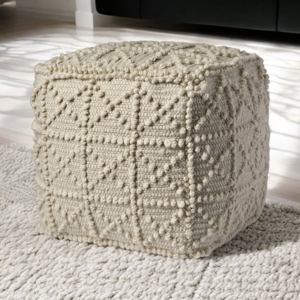 Homeroots Ivory Wool Sqaure Pouf With Popcorn Detail  Wool 380603