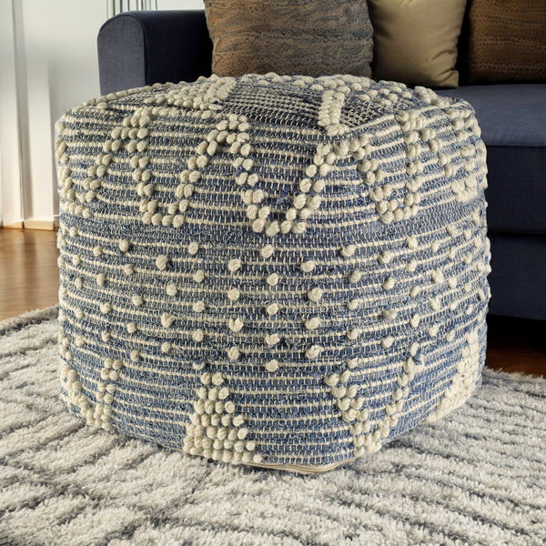 Homeroots Blue Denim And Ivory Square Pouf With Cotton Stitched  Cotton 380604