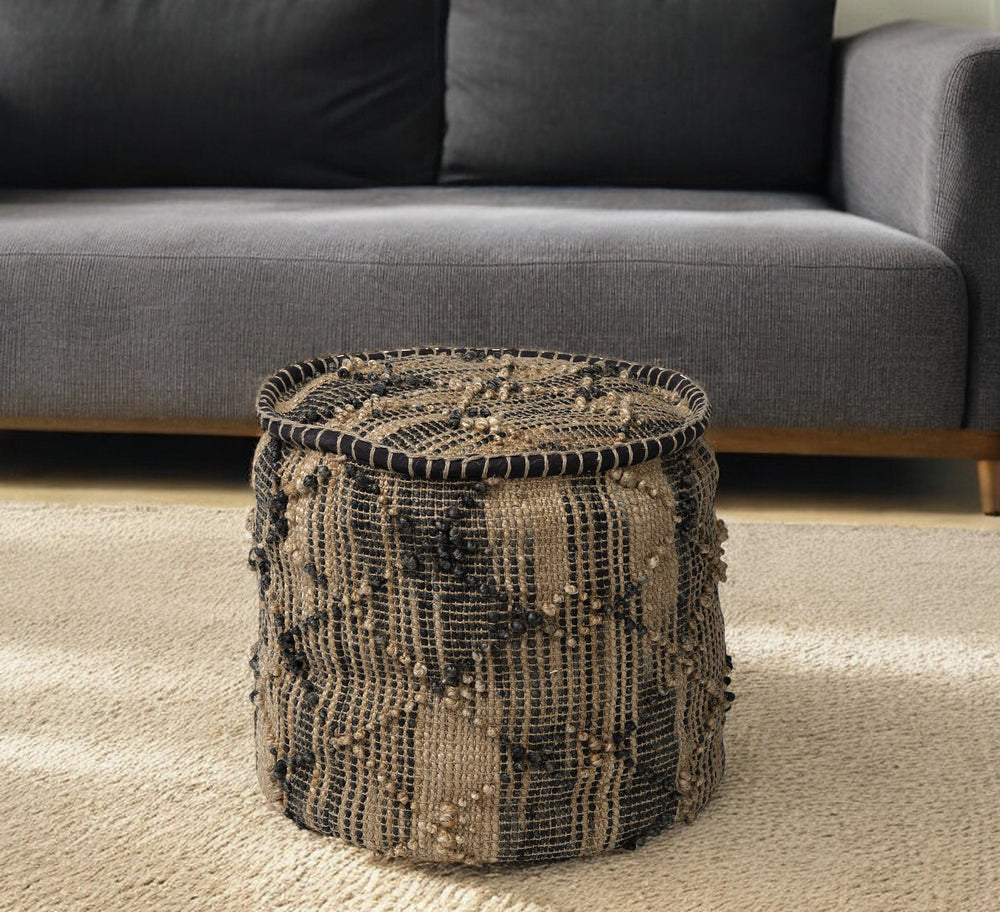 Homeroots 20" Natural And Black Geometric Cylindrical Jute Ottoman   380606