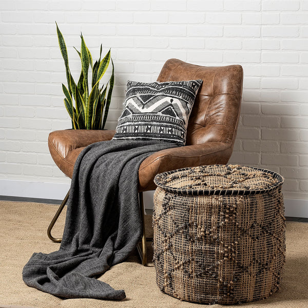 Homeroots 20" Natural And Black Geometric Cylindrical Jute Ottoman   380606