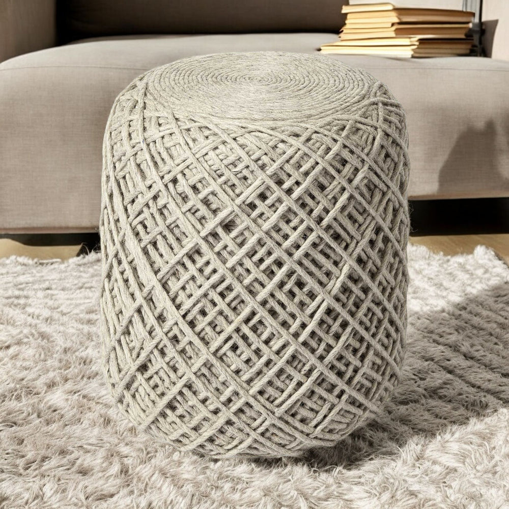 Homeroots Oatmeal Wool Cylindrical Pouf With Diamond Pattern  Wool 380607