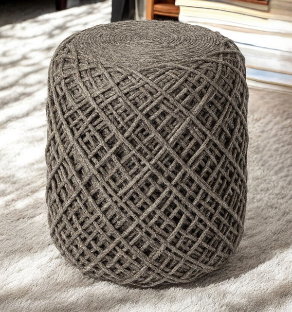 Homeroots Brown Wool Cylindrical Pouf With Diamond Pattern  Wool 380608