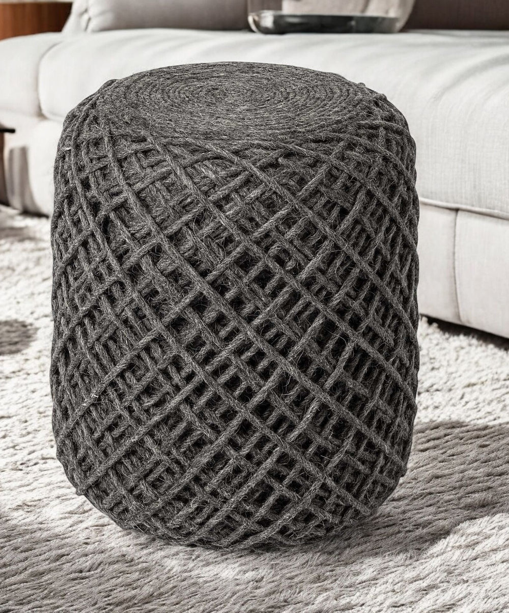 Homeroots Dark Gray Wool Cylindrical Pouf With Diamond Pattern  Wool 380609