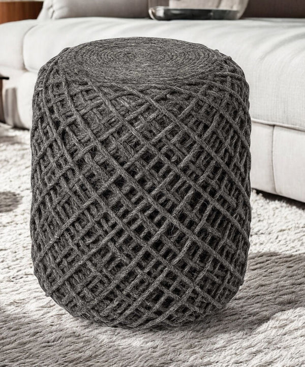 Homeroots Dark Gray Wool Cylindrical Pouf With Diamond Pattern  Wool 380609