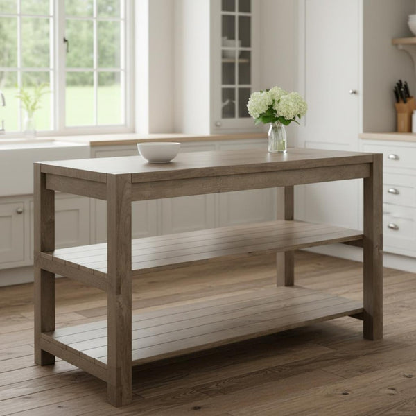 HomeRoots Brown Solid Wood Kitchen Island with Two-Tier Storage, Smooth Countertop & Cottage-Style Charm 380611