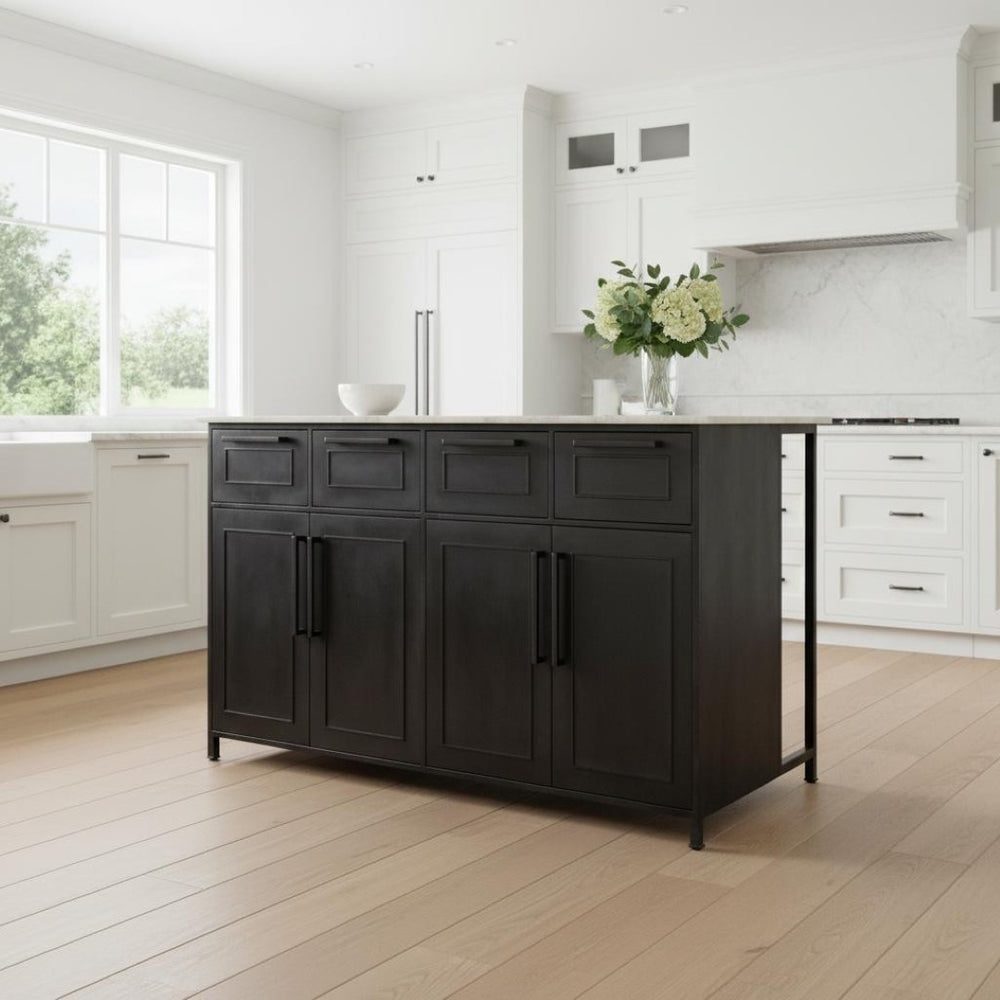 HomeRoots Solid Iron Black Kitchen Island with Elegant White Marble Top & 4 Drawers for Stylish Storage 380614