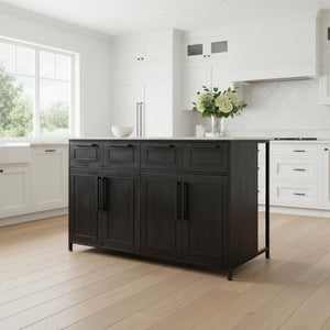 HomeRoots Solid Iron Black Kitchen Island with Elegant White Marble Top & 4 Drawers for Stylish Storage 380614