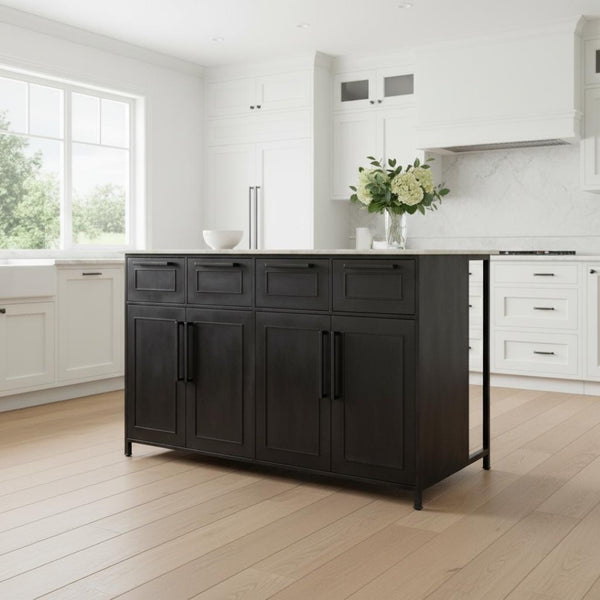HomeRoots Solid Iron Black Kitchen Island with Elegant White Marble Top & 4 Drawers for Stylish Storage 380614