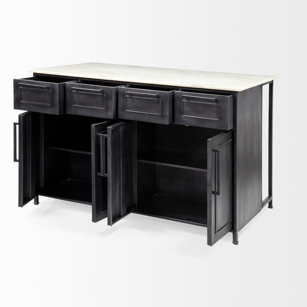 Homeroots Solid Iron Black Body White Marble Top Kitchen Island With 4 Drawer  Metal 380614