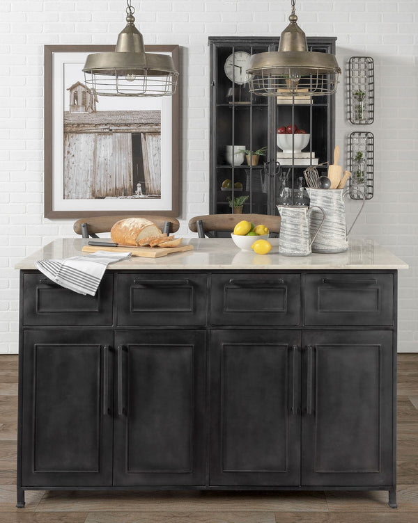 Homeroots Solid Iron Black Body White Marble Top Kitchen Island With 4 Drawer  Metal 380614