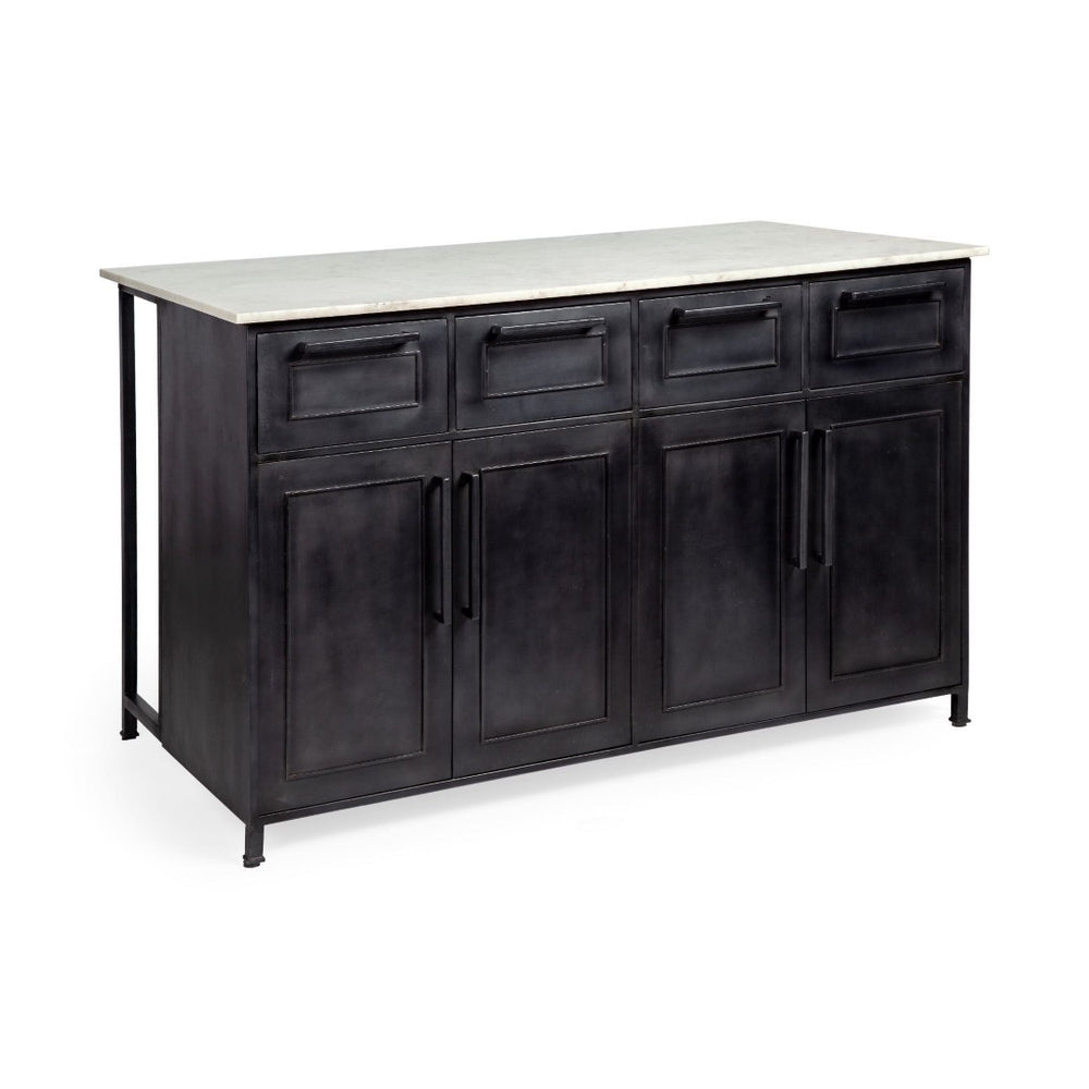 HomeRoots Solid Iron Black Kitchen Island with Elegant White Marble Top & 4 Drawers for Stylish Storage 380614
