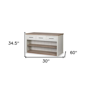 HomeRoots White Two-Tone Wooden Kitchen Island with 3 Drawers - Rustic Charm, Spacious Storage & Prep Space 380616