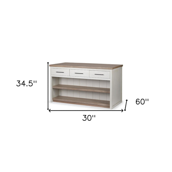 HomeRoots White Two-Tone Wooden Kitchen Island with 3 Drawers - Rustic Charm, Spacious Storage & Prep Space 380616