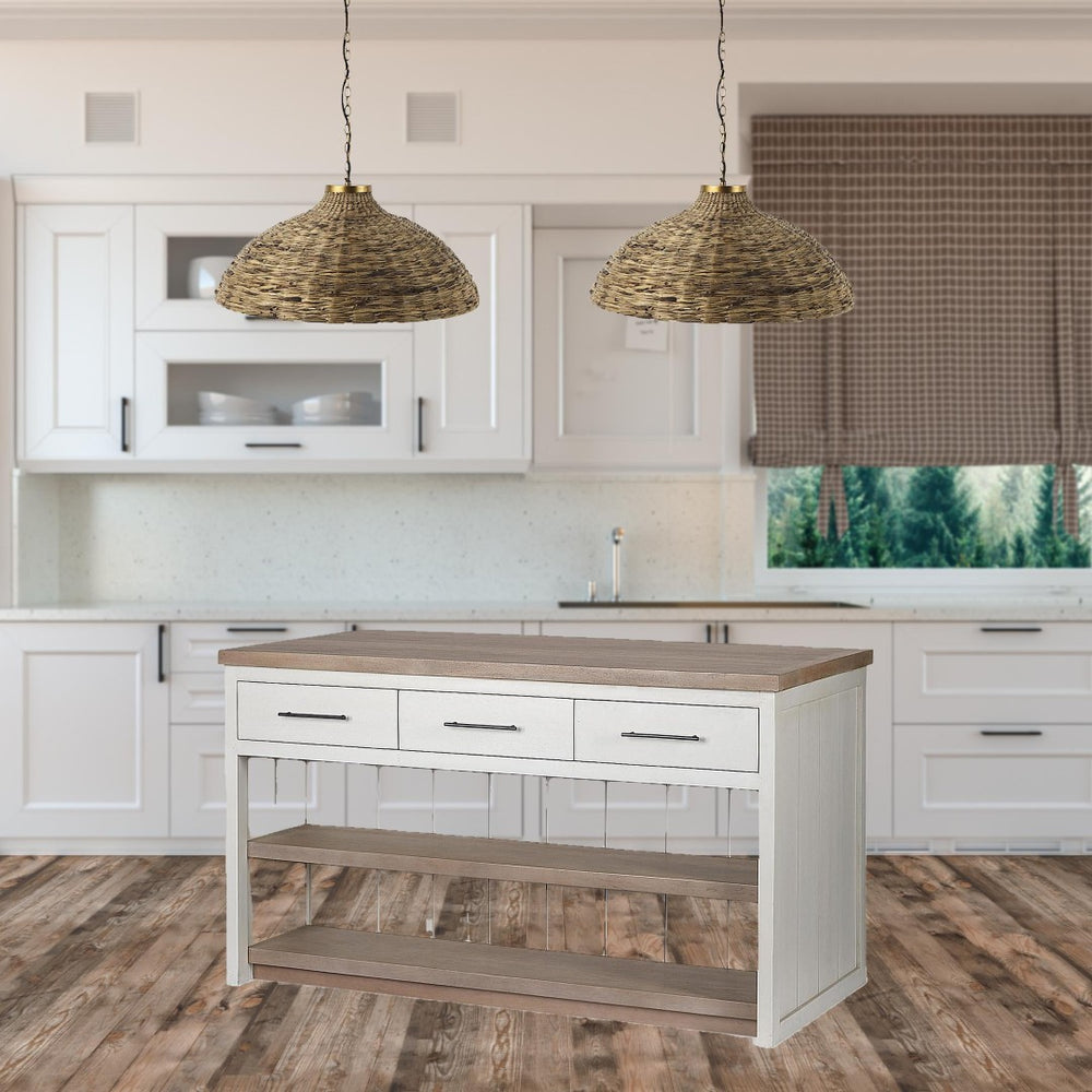 HomeRoots White Two-Tone Wooden Kitchen Island with 3 Drawers - Rustic Charm, Spacious Storage & Prep Space 380616