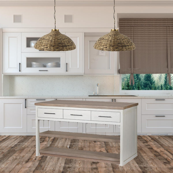 HomeRoots White Two-Tone Wooden Kitchen Island with 3 Drawers - Rustic Charm, Spacious Storage & Prep Space 380616