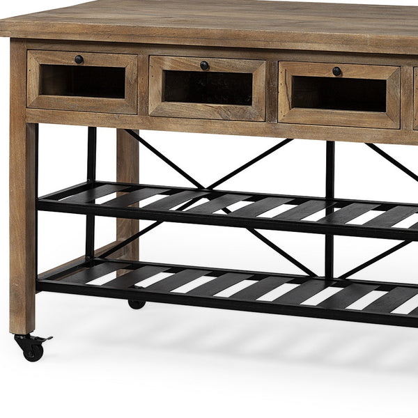 Homeroots Brown Solid Wood Top Kitchen Island With Two Tier Black Metal Rolling  Wood 380617