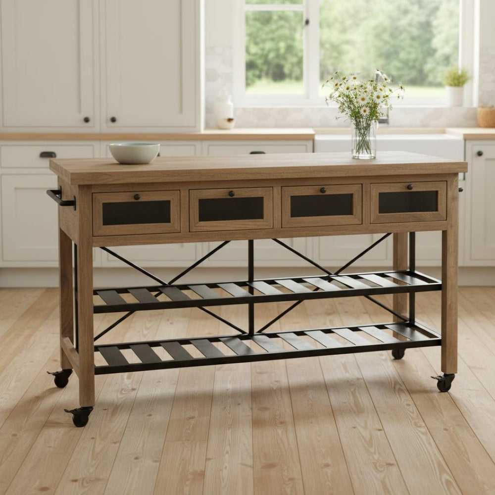 HomeRoots Brown Solid Wood Kitchen Island - Two-Tier Black Metal Frame with Rolling Mobility & Storage Solutions 380617