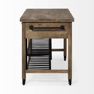 Homeroots Brown Solid Wood Top Kitchen Island With Two Tier Black Metal Rolling  Wood 380617