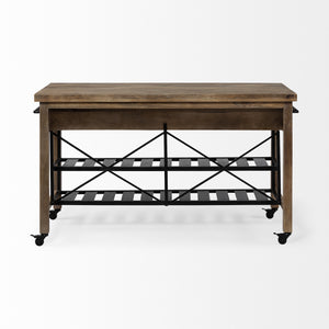 Homeroots Brown Solid Wood Top Kitchen Island With Two Tier Black Metal Rolling  Wood 380617
