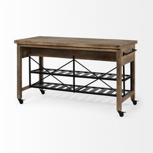 Homeroots Brown Solid Wood Top Kitchen Island With Two Tier Black Metal Rolling  Wood 380617