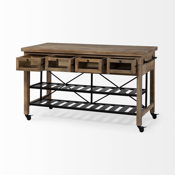 Homeroots Brown Solid Wood Top Kitchen Island With Two Tier Black Metal Rolling  Wood 380617