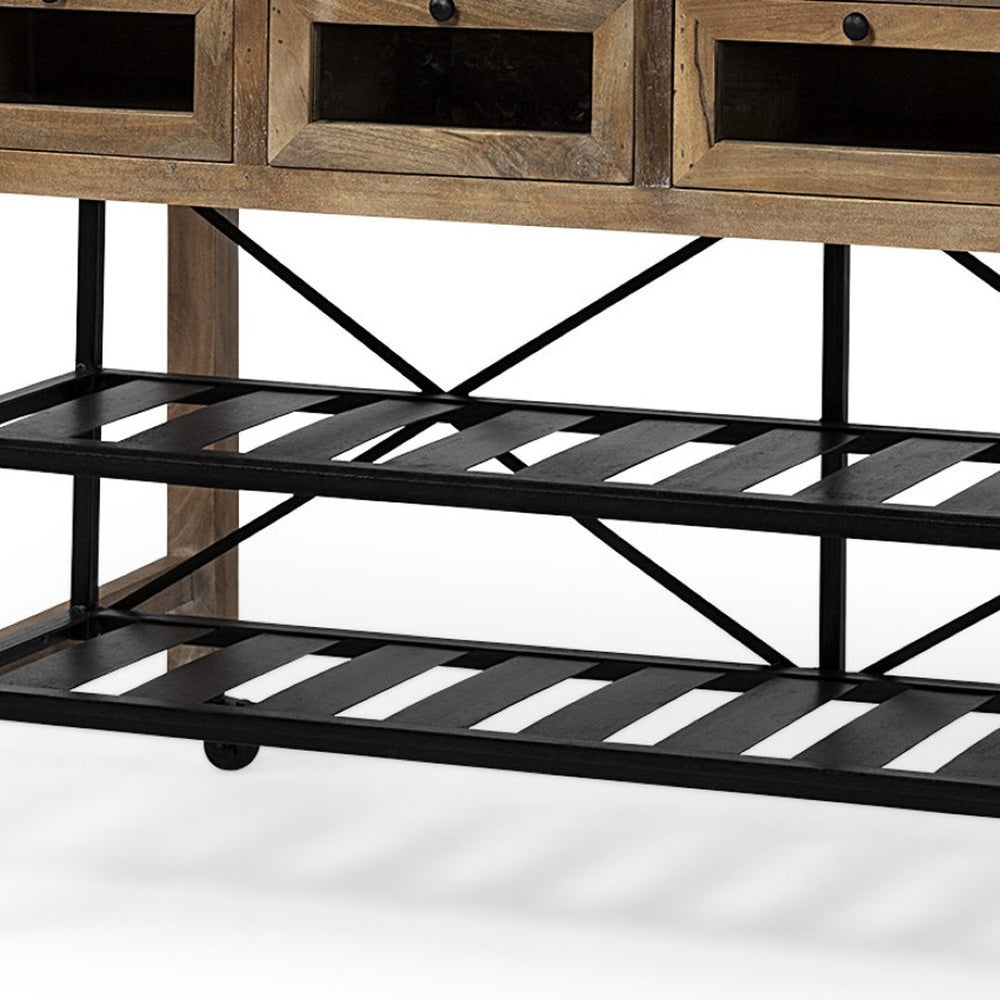 HomeRoots Brown Solid Wood Kitchen Island - Two-Tier Black Metal Frame with Rolling Mobility & Storage Solutions 380617