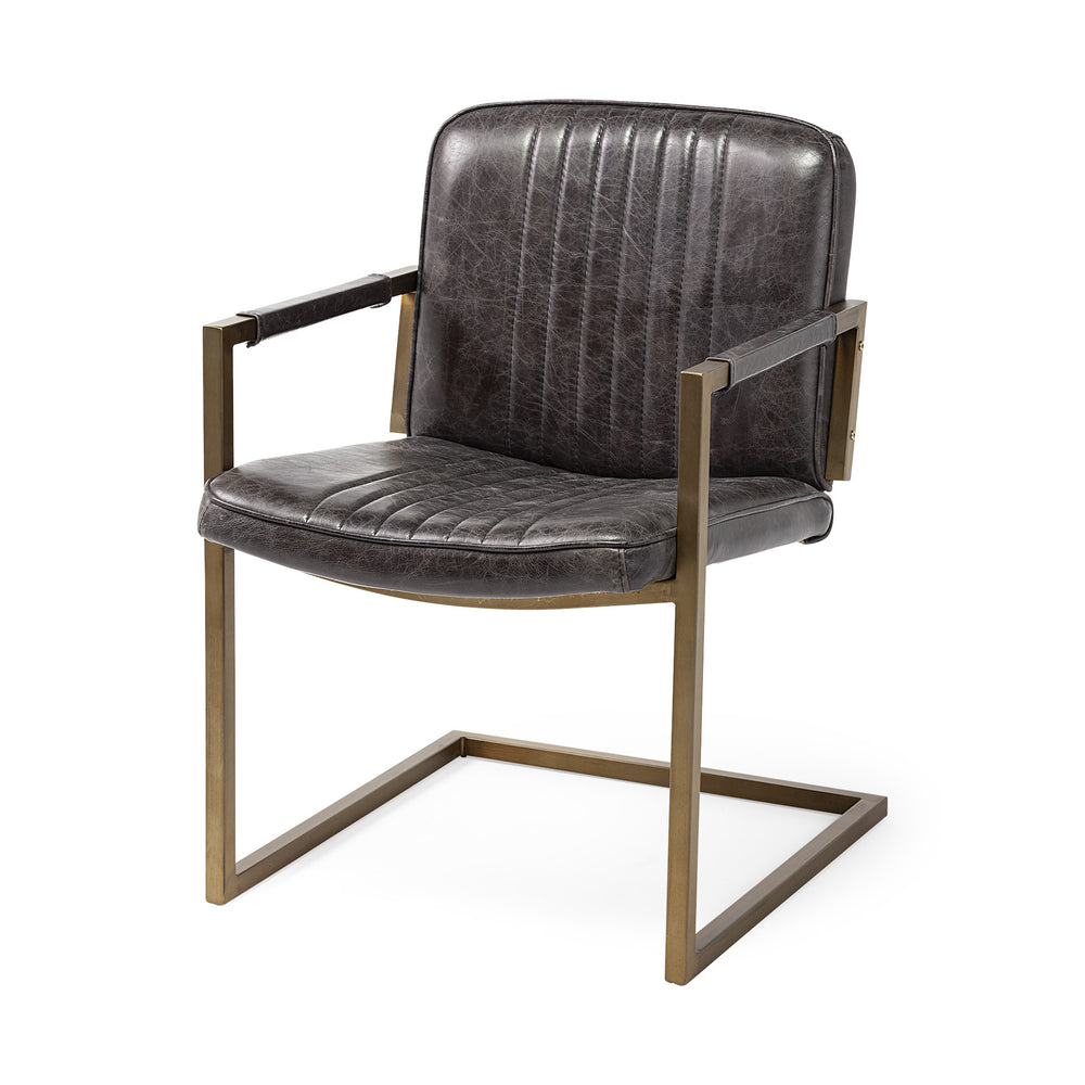 Homeroots Black Leather Seat Accent Chair With Brass Frame   380619