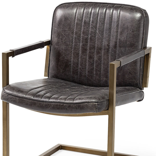 Homeroots Black Leather Seat Accent Chair With Brass Frame   380619