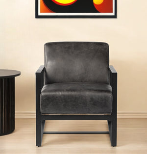 Homeroots 32" Black Genuine Leather Distressed Arm Chair   380627