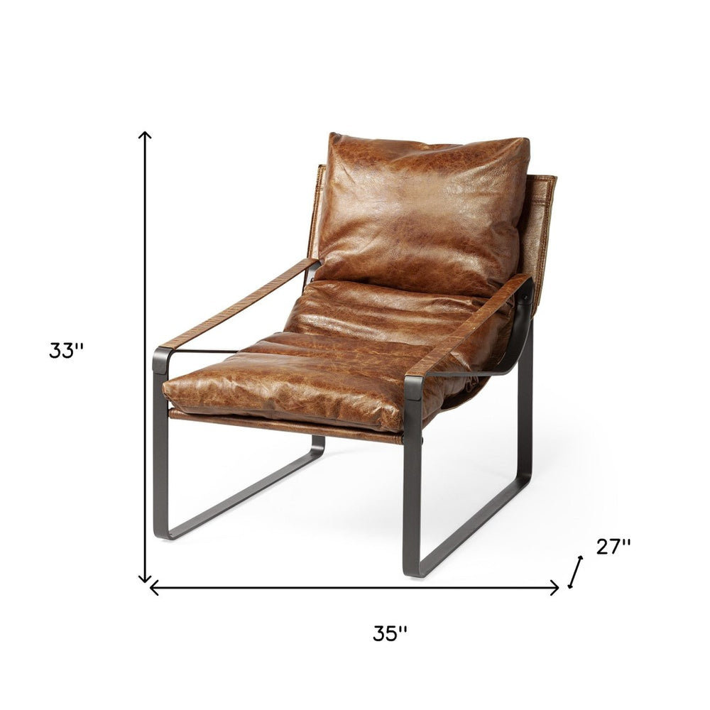 HomeRoots 35" Distressed Brown and Black Leather Lounge Chair - Vintage Style with Modern Comfort & Support 380628