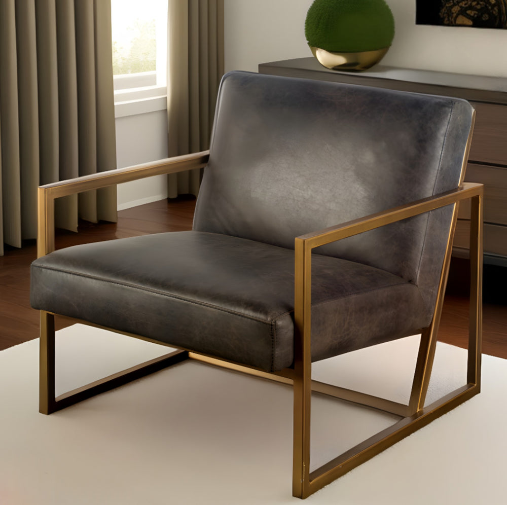 Homeroots 32" Black And Gold Leather Lounge Chair   380629