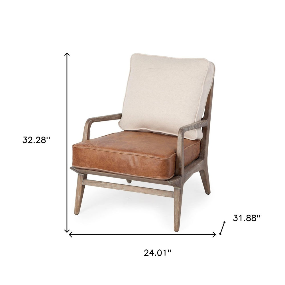 HomeRoots 24" Beige and Brown Leather Arm Chair – Timeless Comfort with Solid Wood Frame for Modern Interiors 380631
