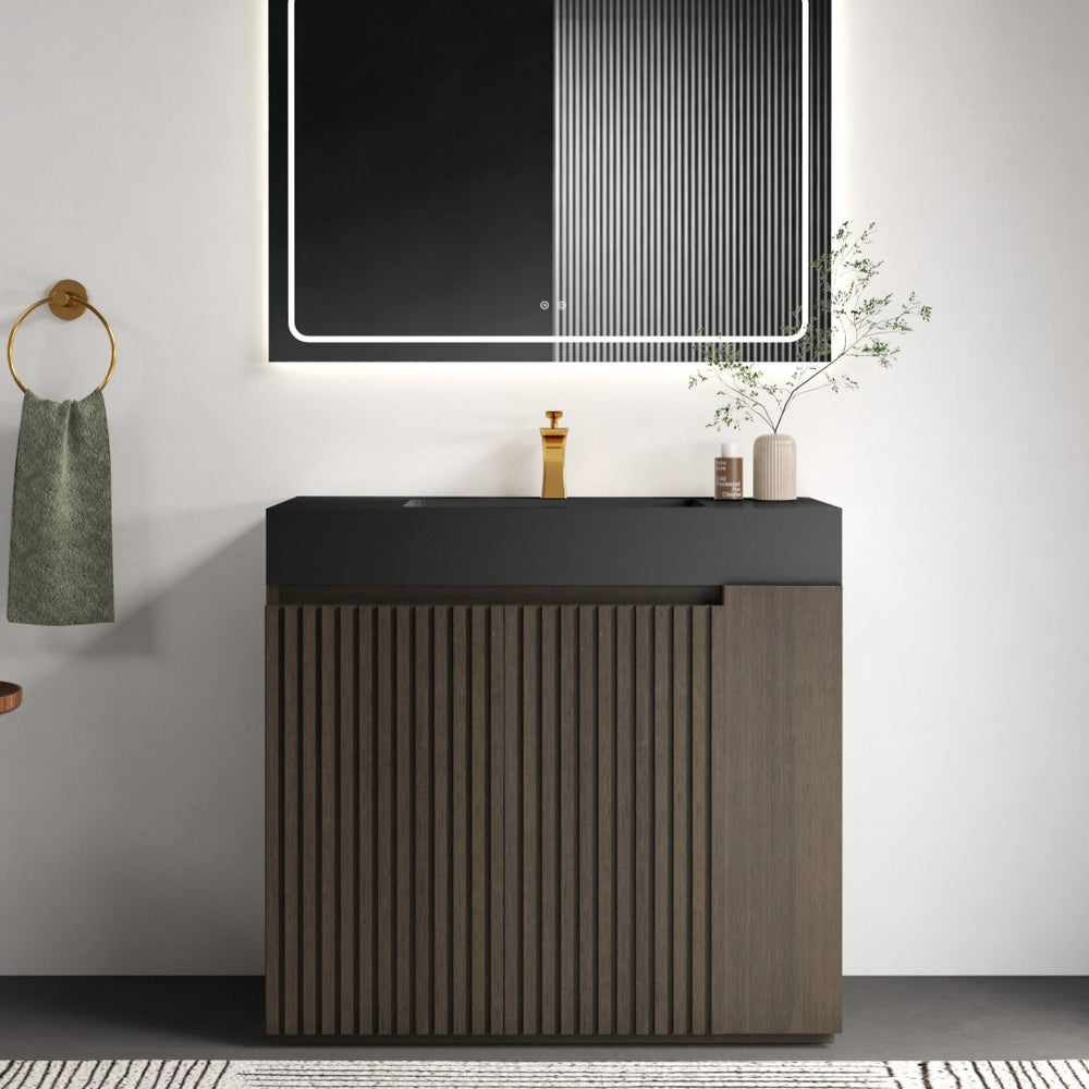 English Elm Galan Freestanding Bathroom Vanity Quartz Basin Fluted Wood Cabinet Modern Bath Oak,Smoke W1865S00221