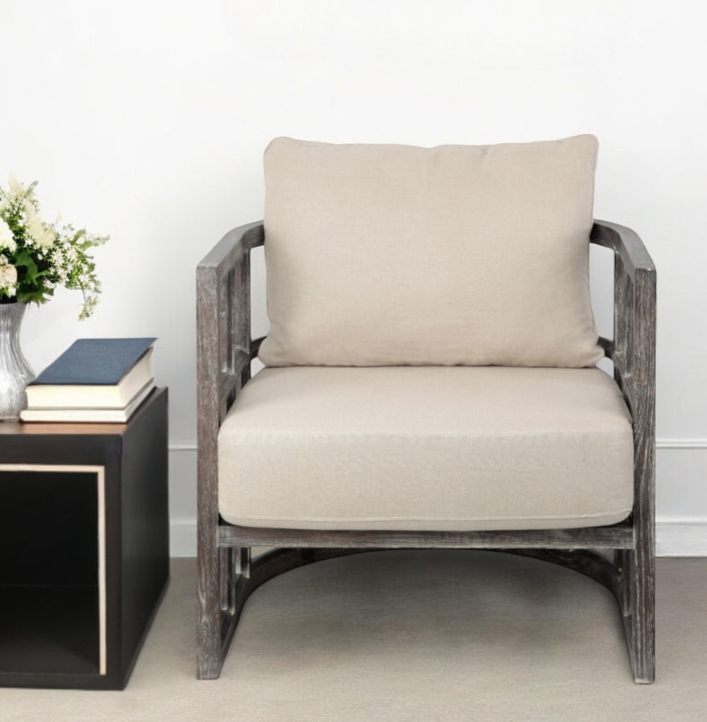 Homeroots 30" Cream And Brown Fabric Distressed Barrel Chair   380643