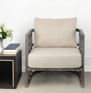 Homeroots 30" Cream And Brown Fabric Distressed Barrel Chair   380643