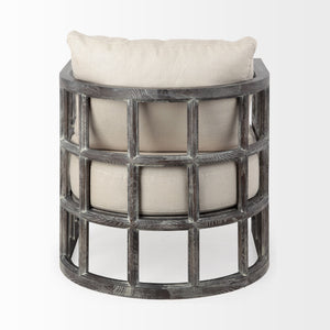 Homeroots 30" Cream And Brown Fabric Distressed Barrel Chair   380643