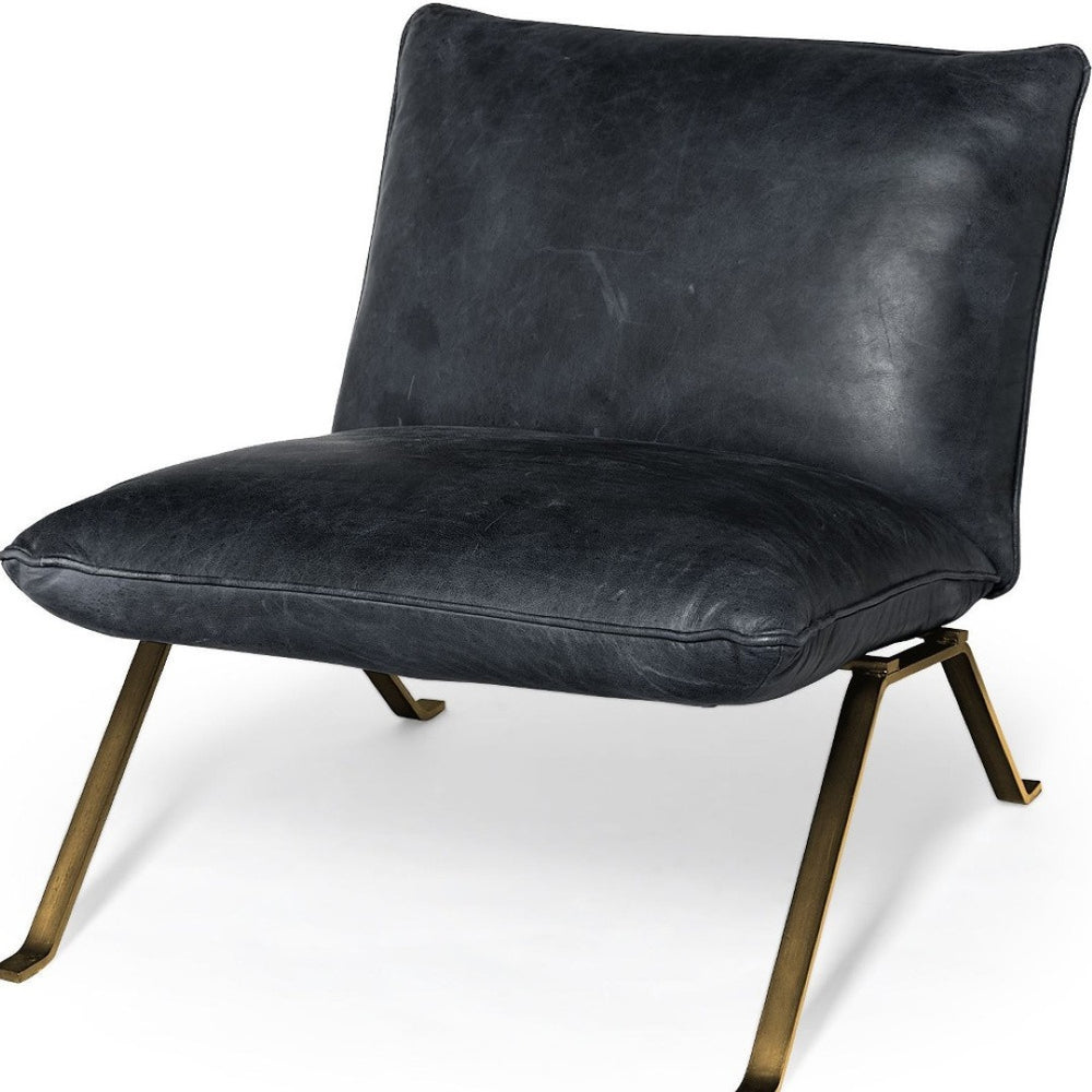 HomeRoots 34" Distressed Black Leather Slipper Chair with Brass Legs - Stylish Accent for Small Spaces 380649