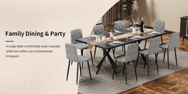 English Elm Square MDF Dining Set for 4 with Faux Marble Top, Mid-Century Modern Iron Legs, Easy-Clean Surface Black+Grey W578S00026