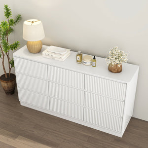 English Elm 9 Drawer Mid Century Wood Dresser Low Profile Matte Finish Bedroom Storage Cabinet White W409S00013