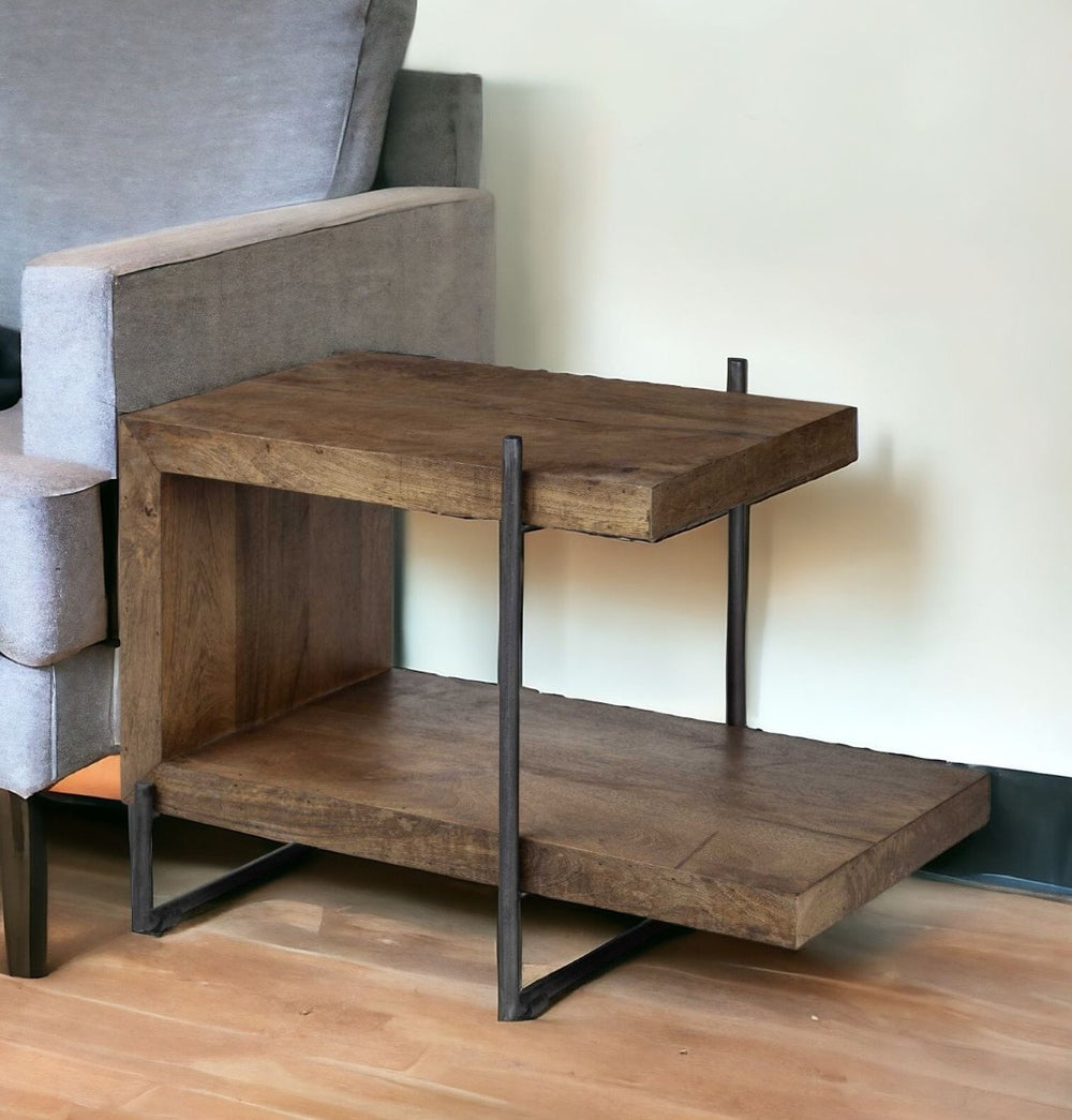 HomeRoots 22" Brown Solid Wood End Table with Metal Base – Versatile Sofa-Side, Nightstand & Storage Solution 380658