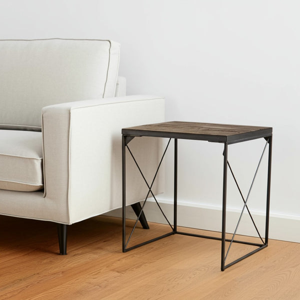 HomeRoots 23" Brown Solid Wood Square End Table – Modern Compact Design with Sturdy Iron Base for Versatile Use 380661