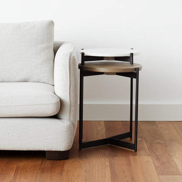 HomeRoots 24" Brown and White Glass Round End Table - Modern Accent with Durable Metal Frame for Versatile Styling 380666