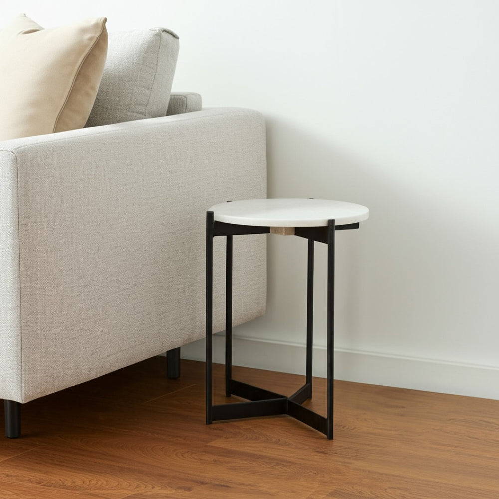 HomeRoots 24" Brown and White Glass Round End Table - Modern Accent with Durable Metal Frame for Versatile Styling 380666
